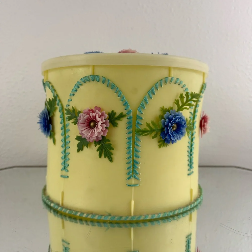 Vintage 70s Handmade Yellow Folk Art Kitschy Floral Ice Cream Bucket Container